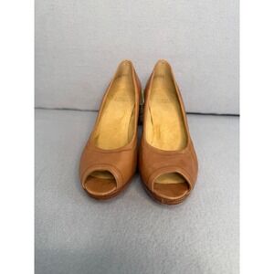 Stuart Weitzman Tan Leather Peep Toe Platform Pumps Stacked High Heel 8.5
